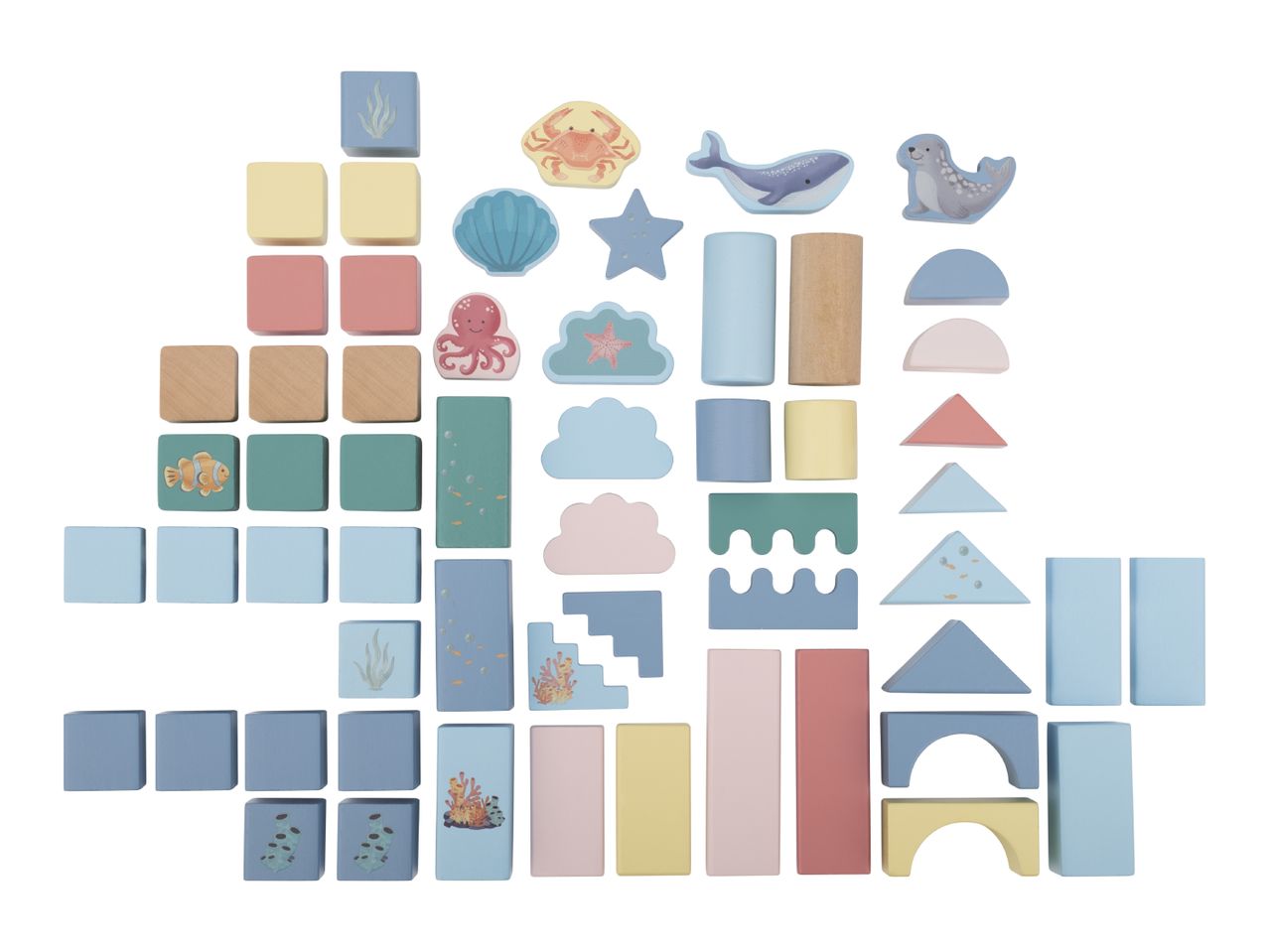 Wooden building blocks in various shapes and pastel colors, featuring sea creatures and underwater themes.
