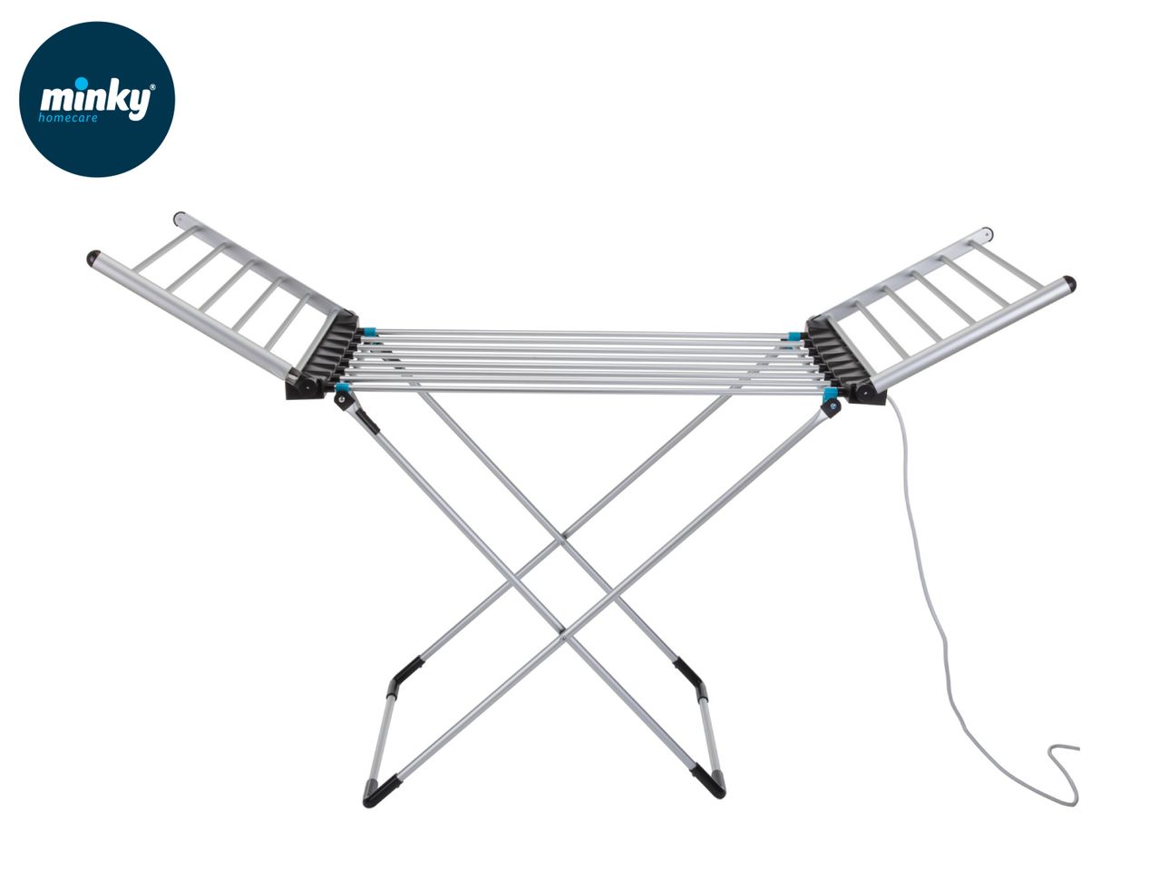 Silver heated clothes airer with foldable wings and a power cord.