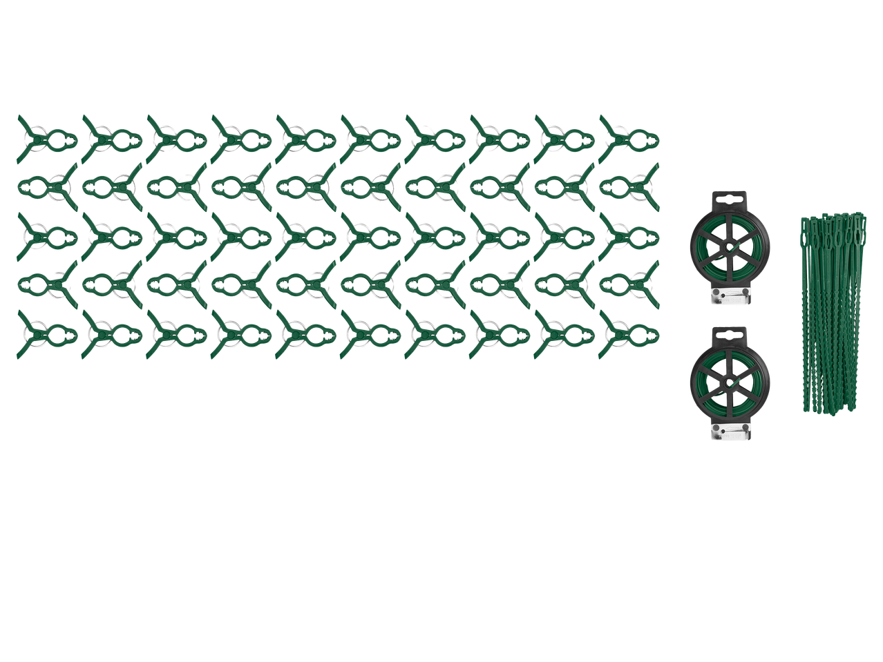 Zöld növénycsipeszek, tekercses drót és növénykötözők fekete háttéren.