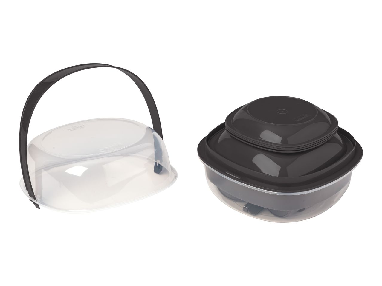 A clear plastic carrier with a black handle and a dark gray plastic stackable food container.