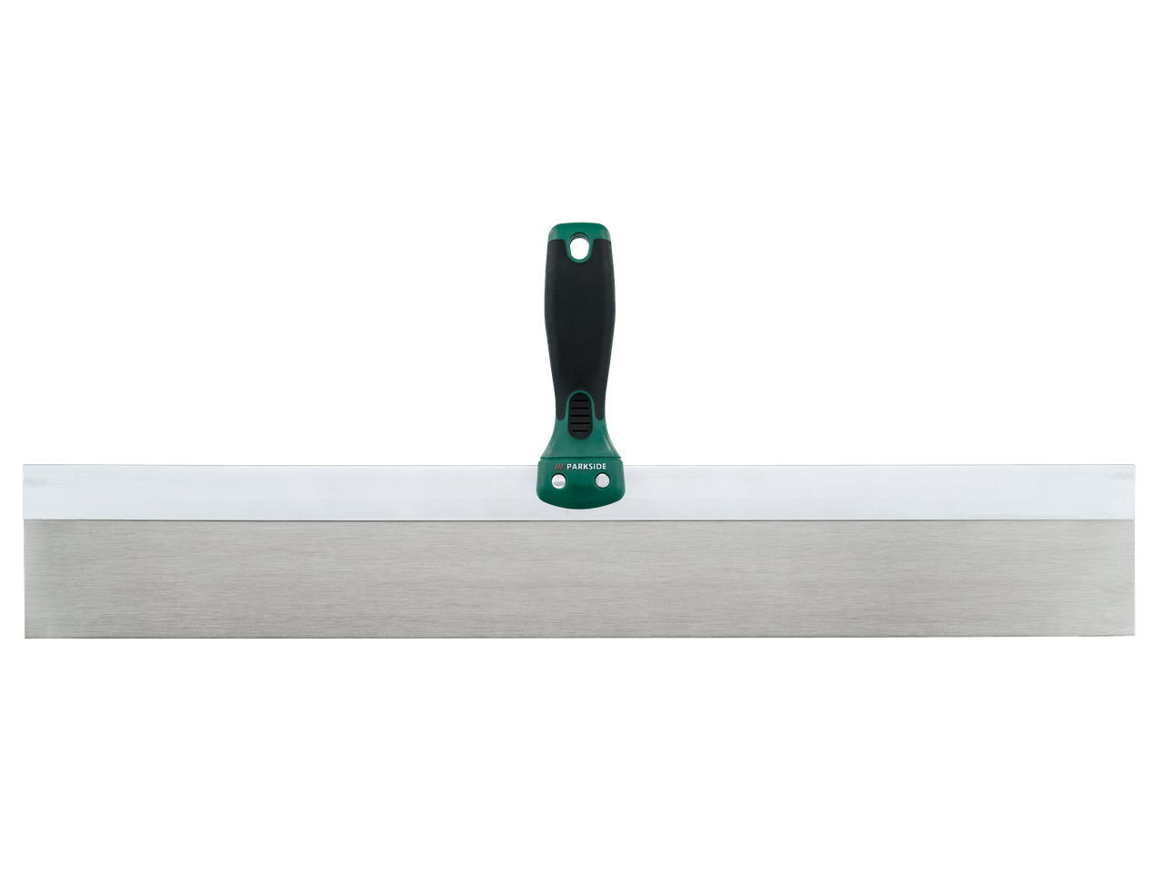 Fekete és zöld fogantyúval ellátott simítókanál, fém pengével.