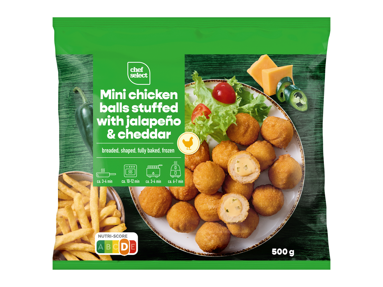 Pachet de mini chifteluțe de pui umplute cu jalapeno și cheddar, cu instrucțiuni de preparare și Nutri-Score A.