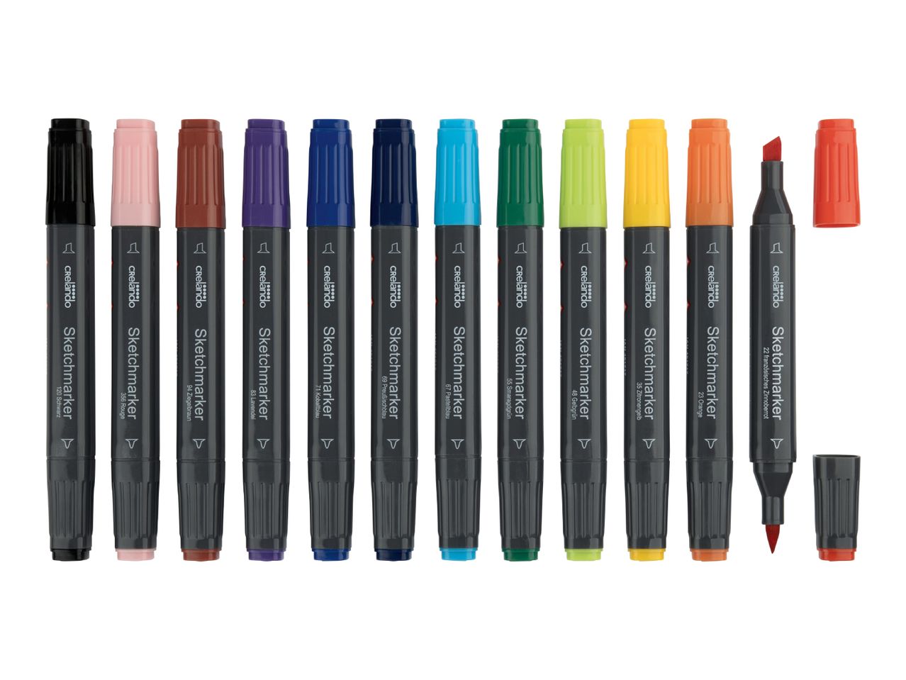 A row of colorful sketch markers, including black, pink, brown, purple, blue, green, yellow, and orange.