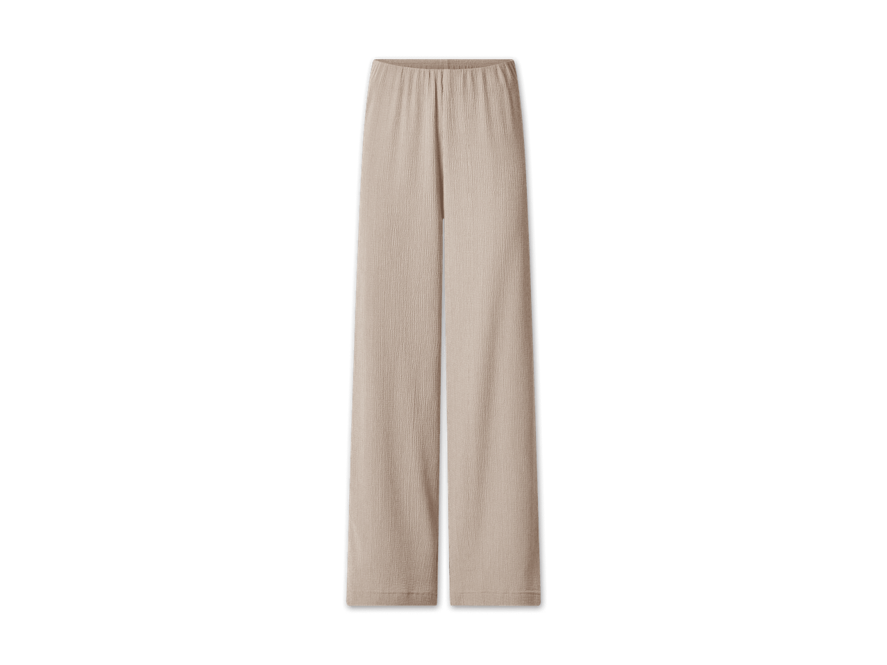 Beige, weite Hose mit elastischem Bund und strukturierter Oberfläche.