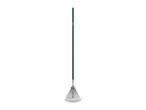 A green-handled garden rake with silver tines.