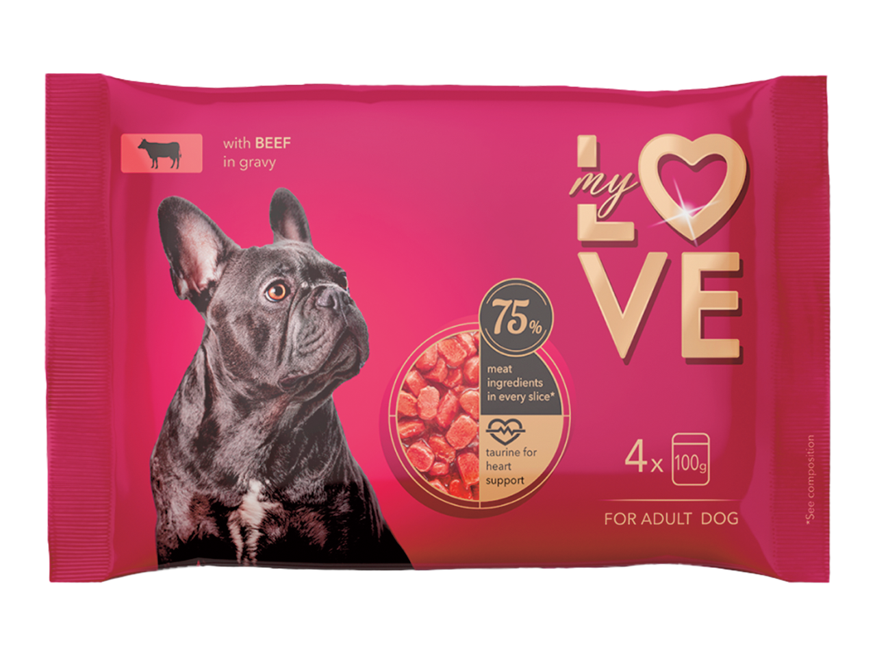 Pachet de hrană pentru câini cu vită în sos, cu 75% carne și taurină, pentru câini adulți.