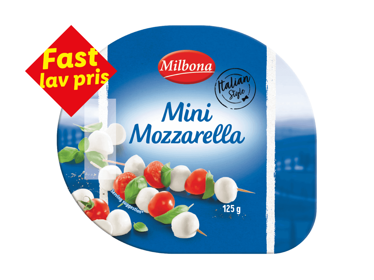 Mini mozzarella med tomater og basilikum på spyd, med teksten 'Fast lav pris'.