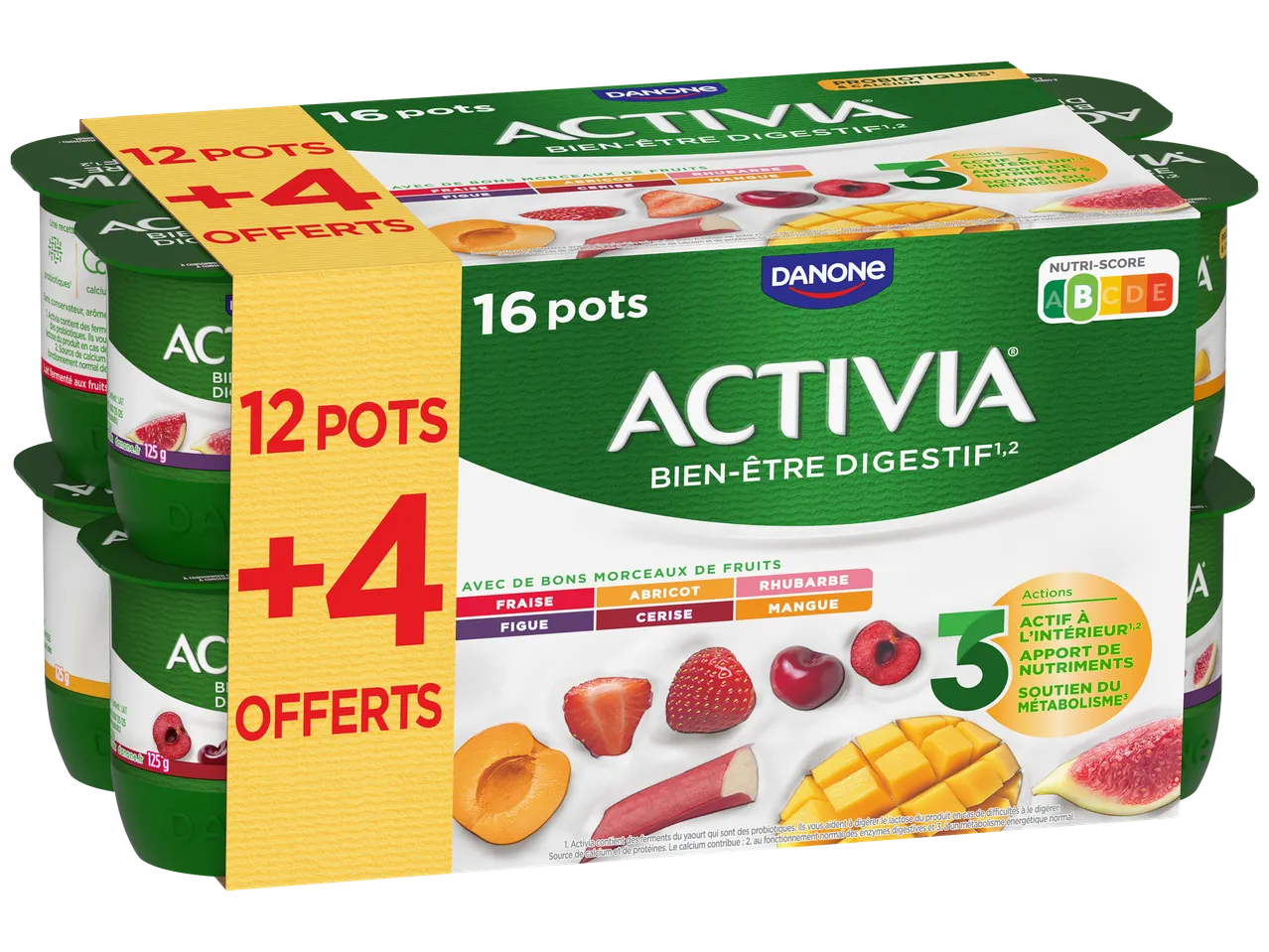 Pack de 16 pots de yaourt aux fruits, dont 4 offerts, avec Nutri-Score A.