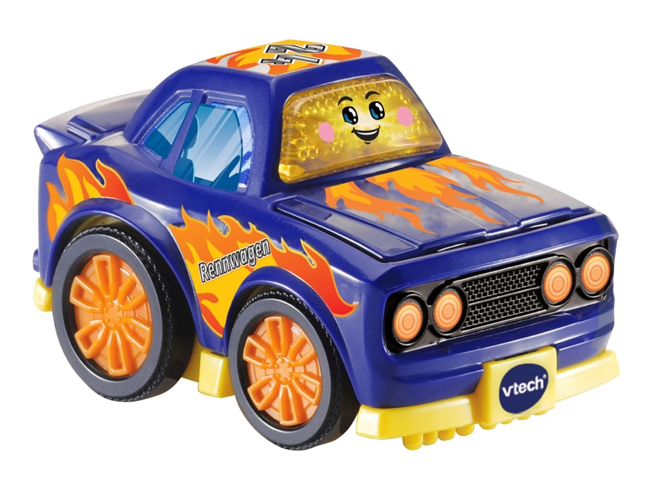 A blue VTech toy race car with orange flames and a smiling face on the windshield.