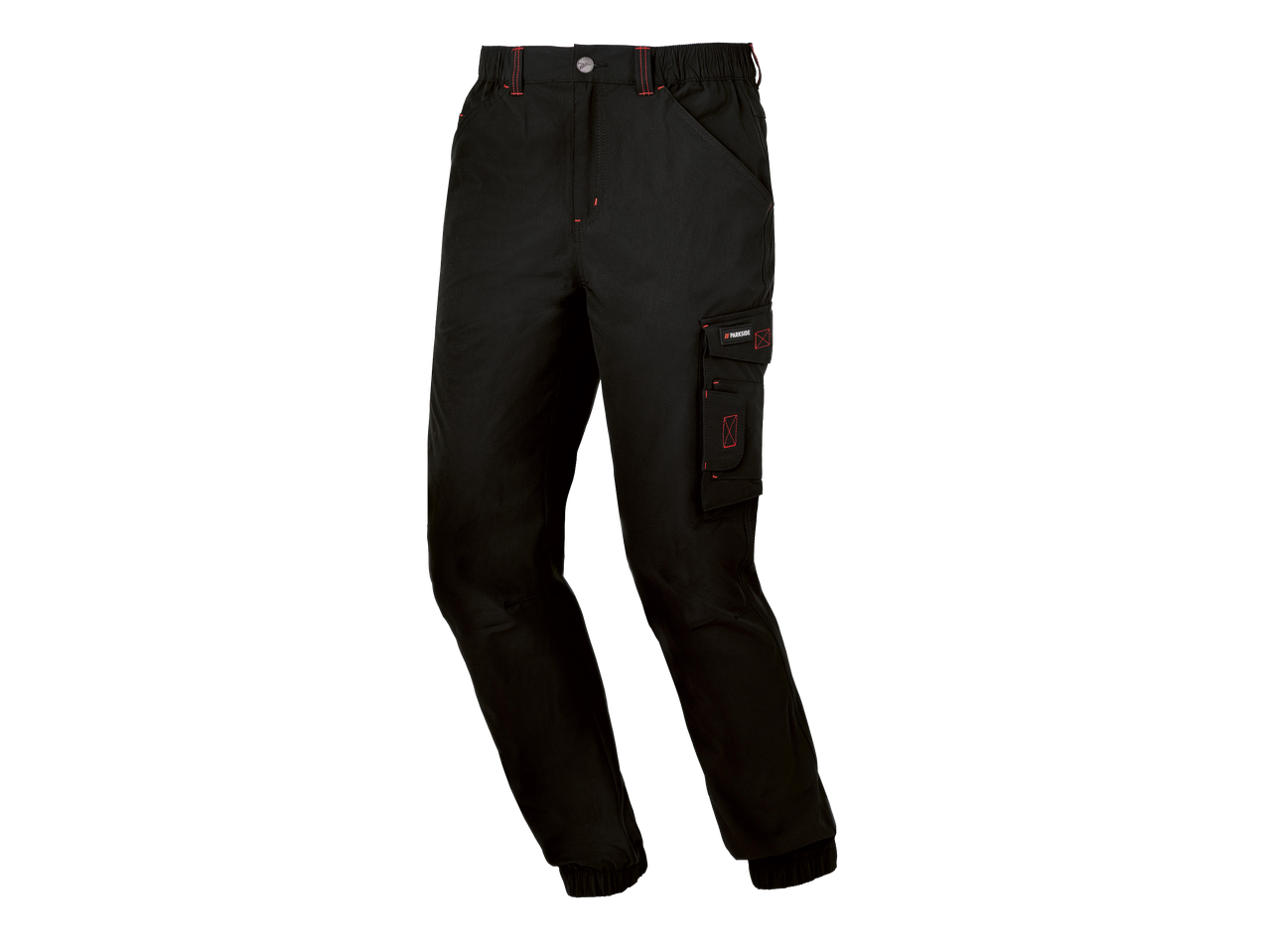 Fekete munkásnadrág piros varrással és oldalsó zsebekkel.