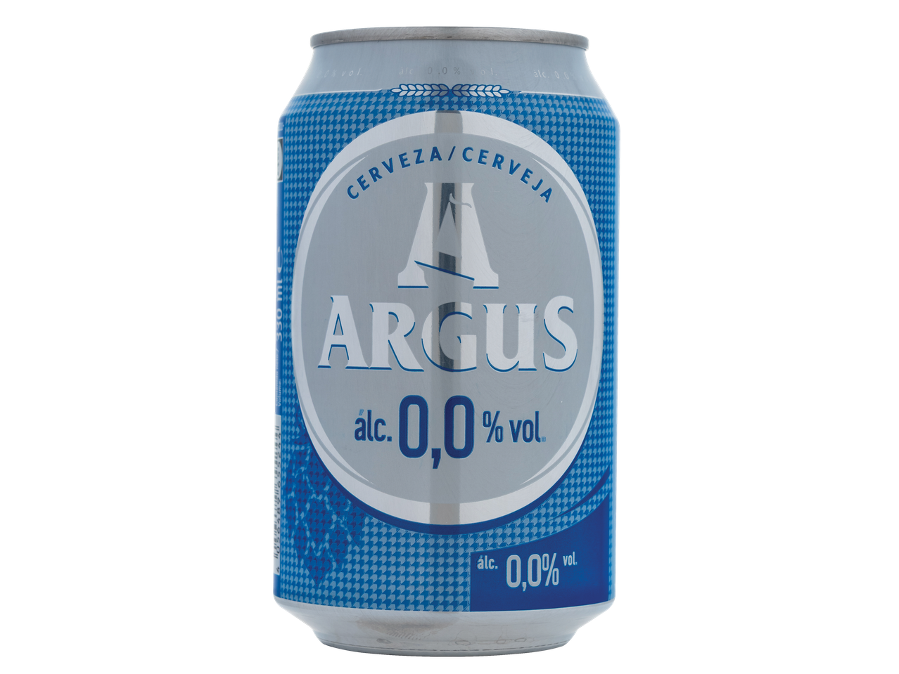 Cerveja Argus 0,0% sem álcool em lata.