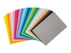 A fan of assorted colorful craft paper sheets, including primary, secondary, and neutral colors.