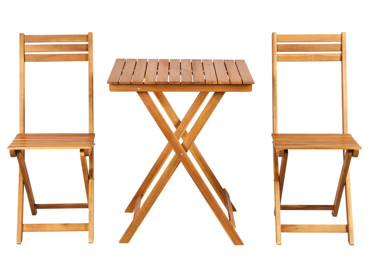 Masă pliabilă din lemn și două scaune.