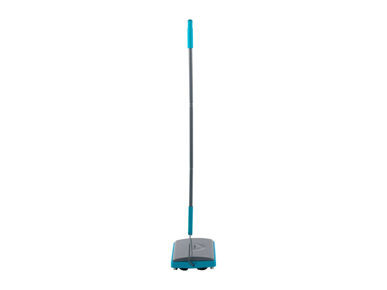 A blue and gray push broom with a telescopic handle stands upright.