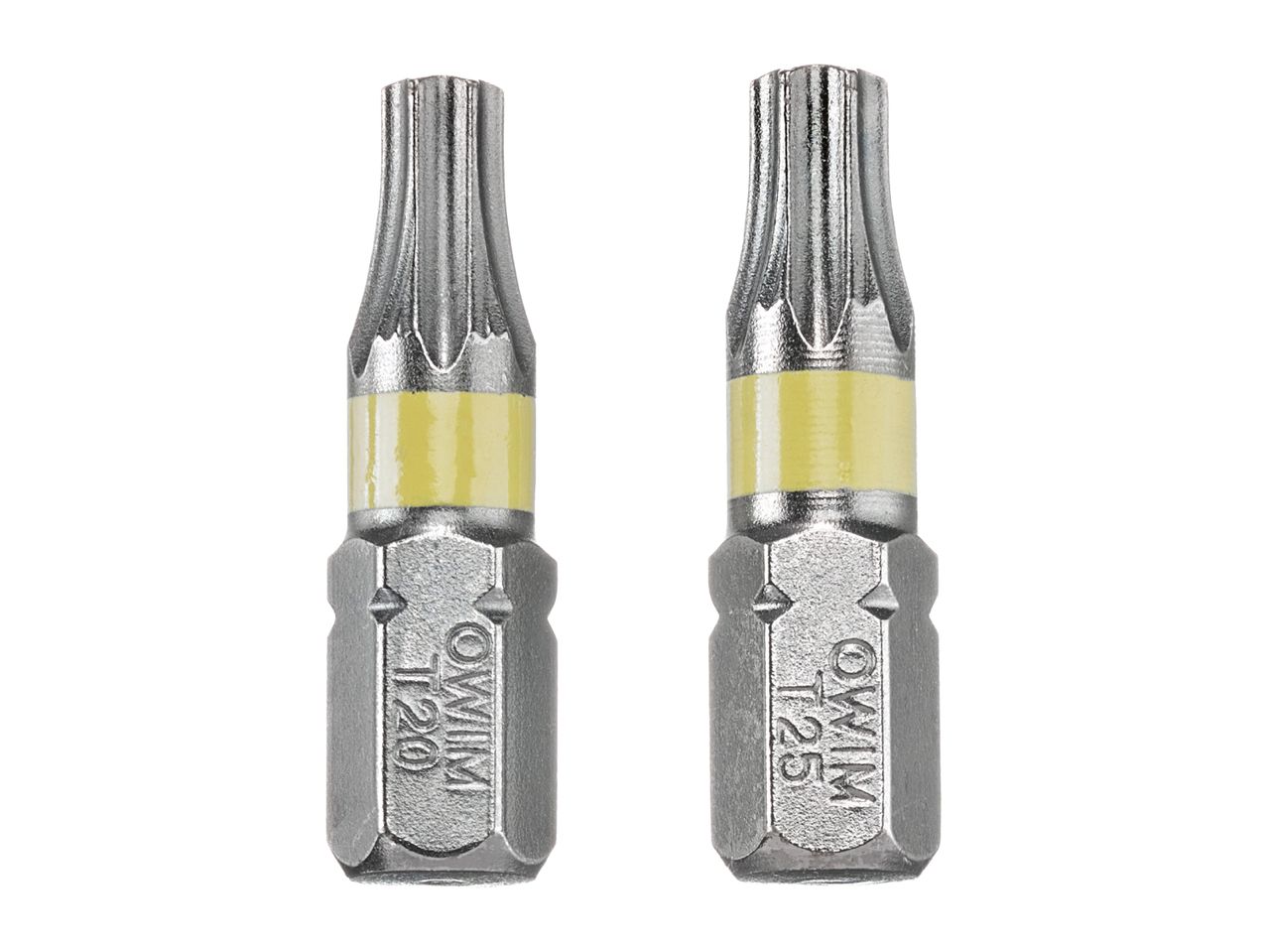 Two silver screwdriver bits, one T20 and one T25, with yellow bands.