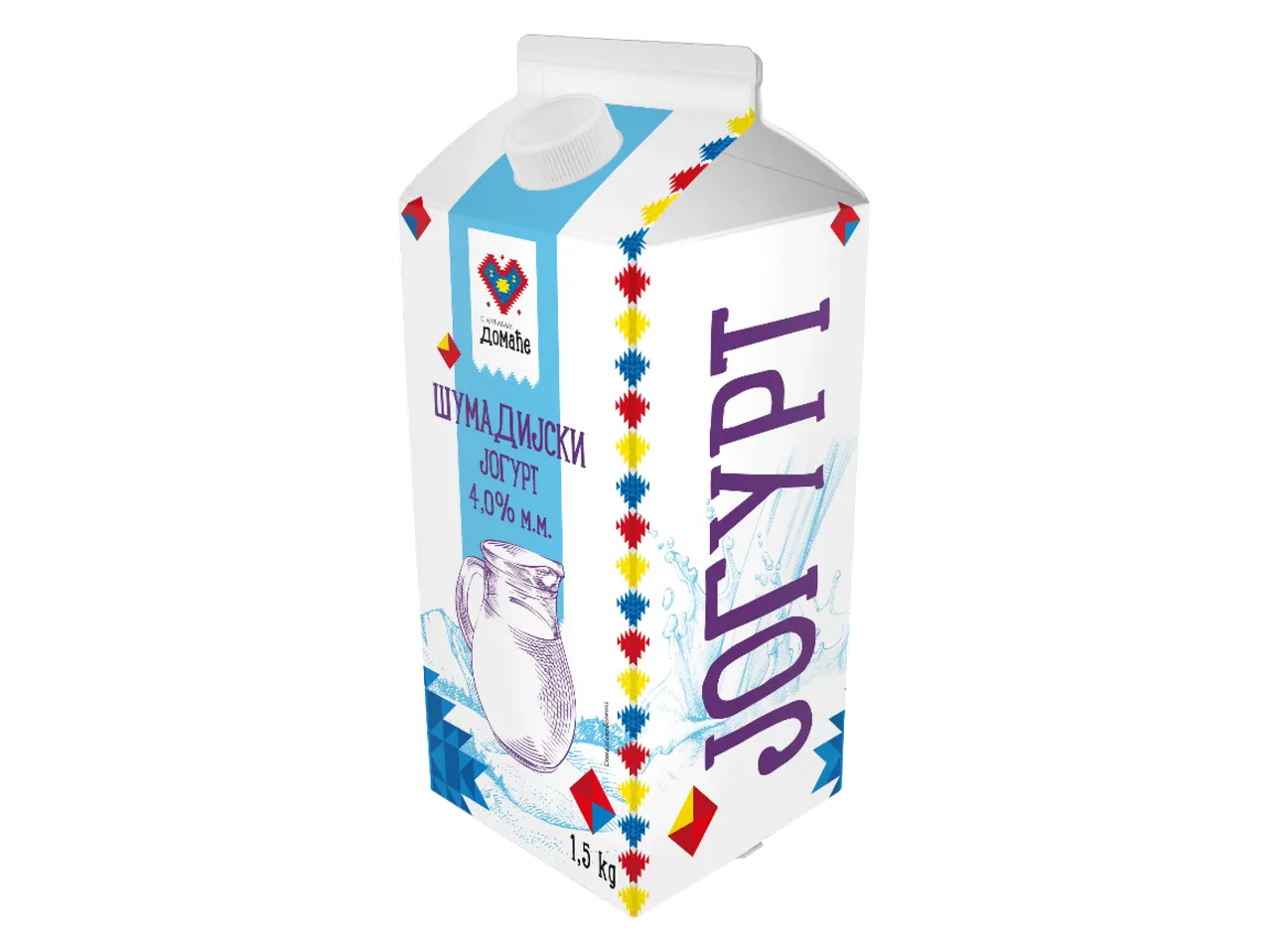 Karton jogurta sa natpisom 'Šumadijski jogurt 4,0% m.m.' i ilustracijom bokala.