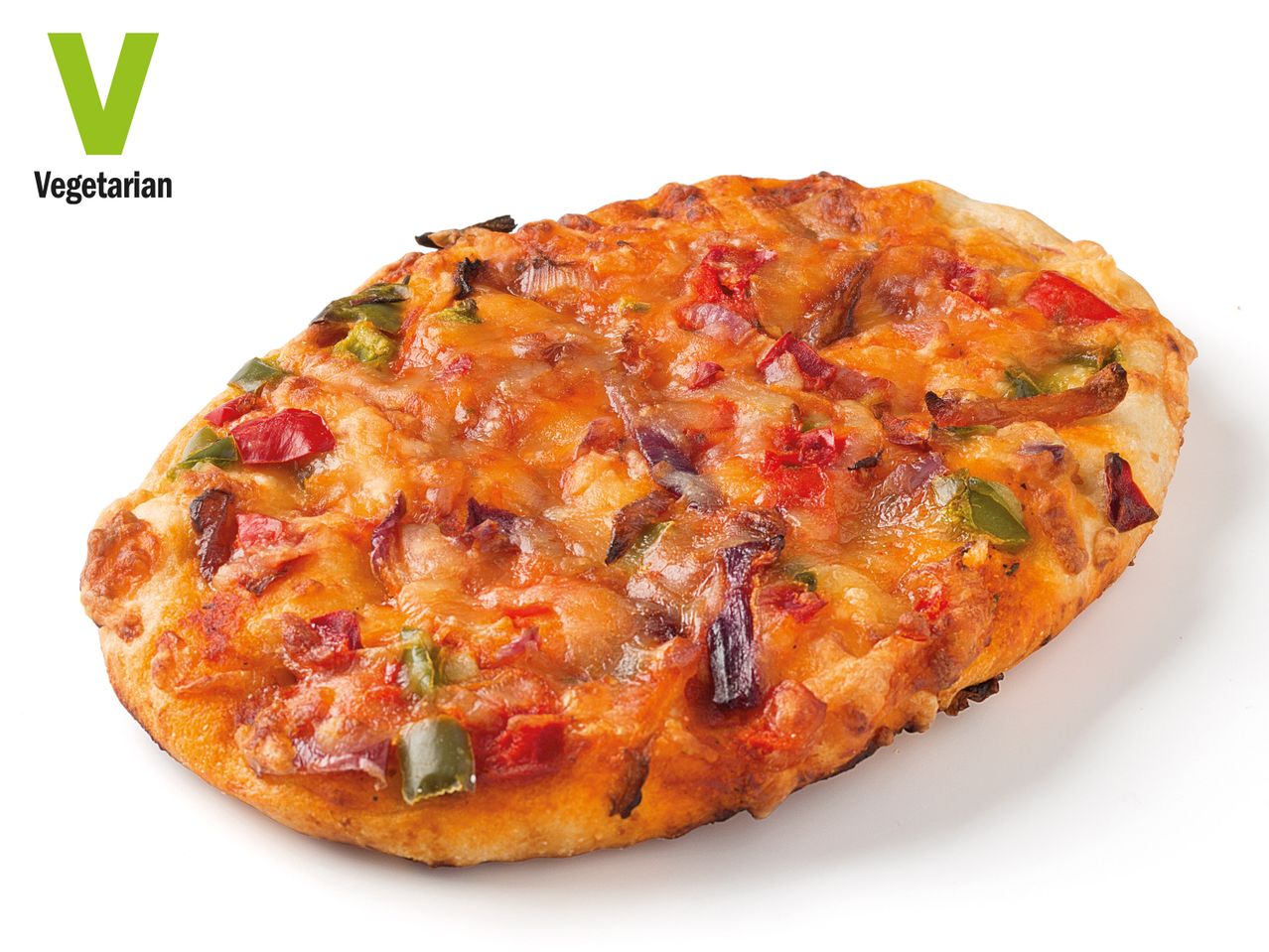 Vegetarian pizza with cheese, onions, and peppers.