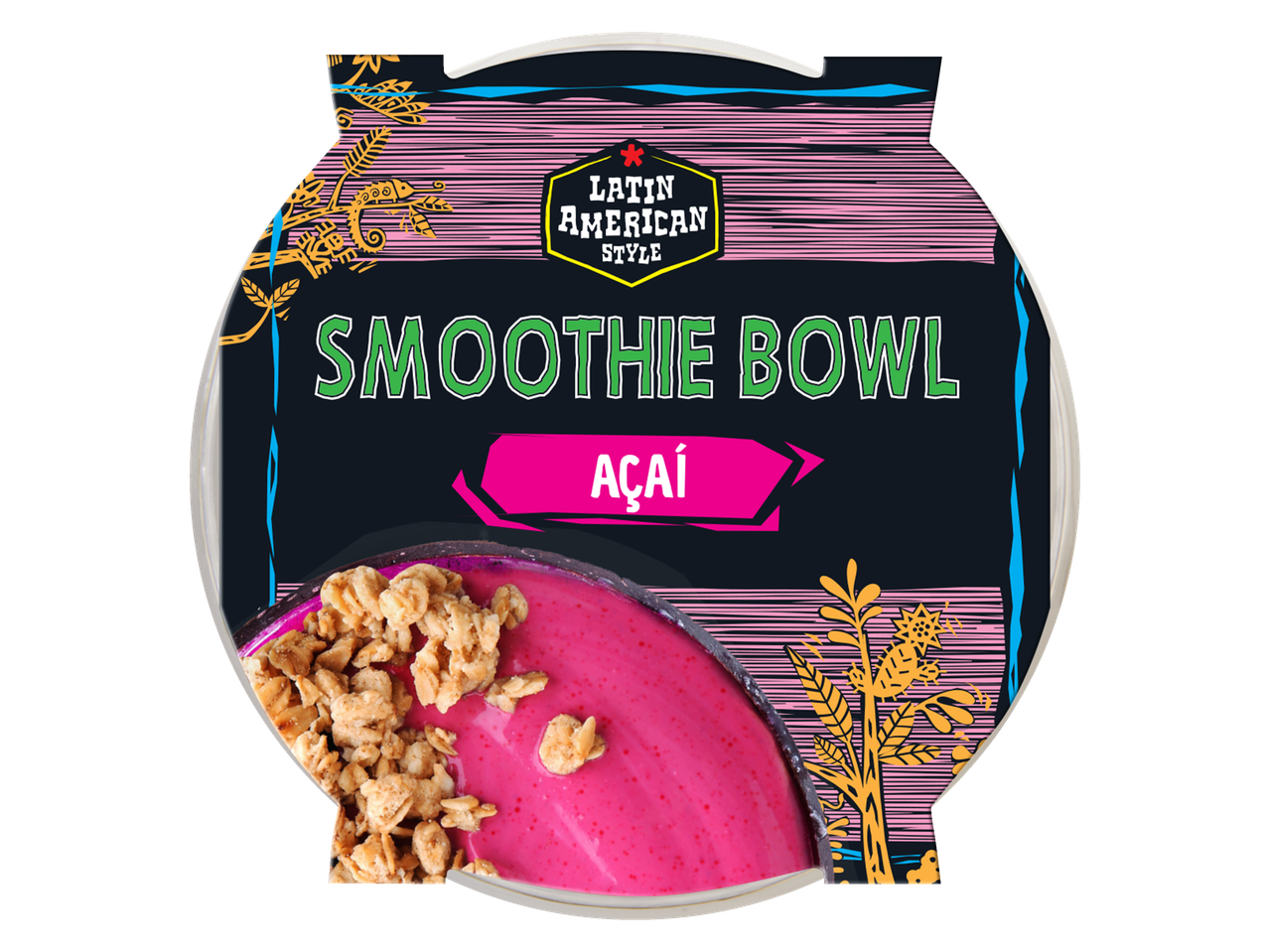 Food Festival Açaí Smoothie Bowl with granola, Latin American style packaging.