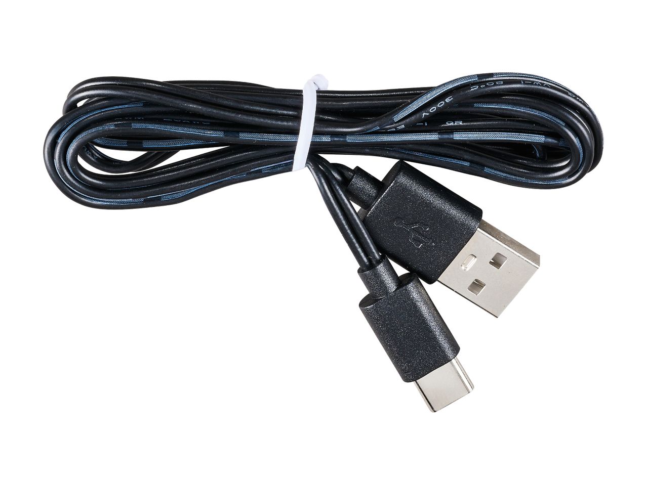 Black USB-A to USB-C cable, coiled and secured with a white tie, on a white background.