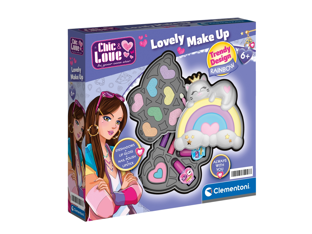 Clementoni Chic & Love meigikomplekt lauvärvide, huuleläike, küünelaki ja huulepulgaga.