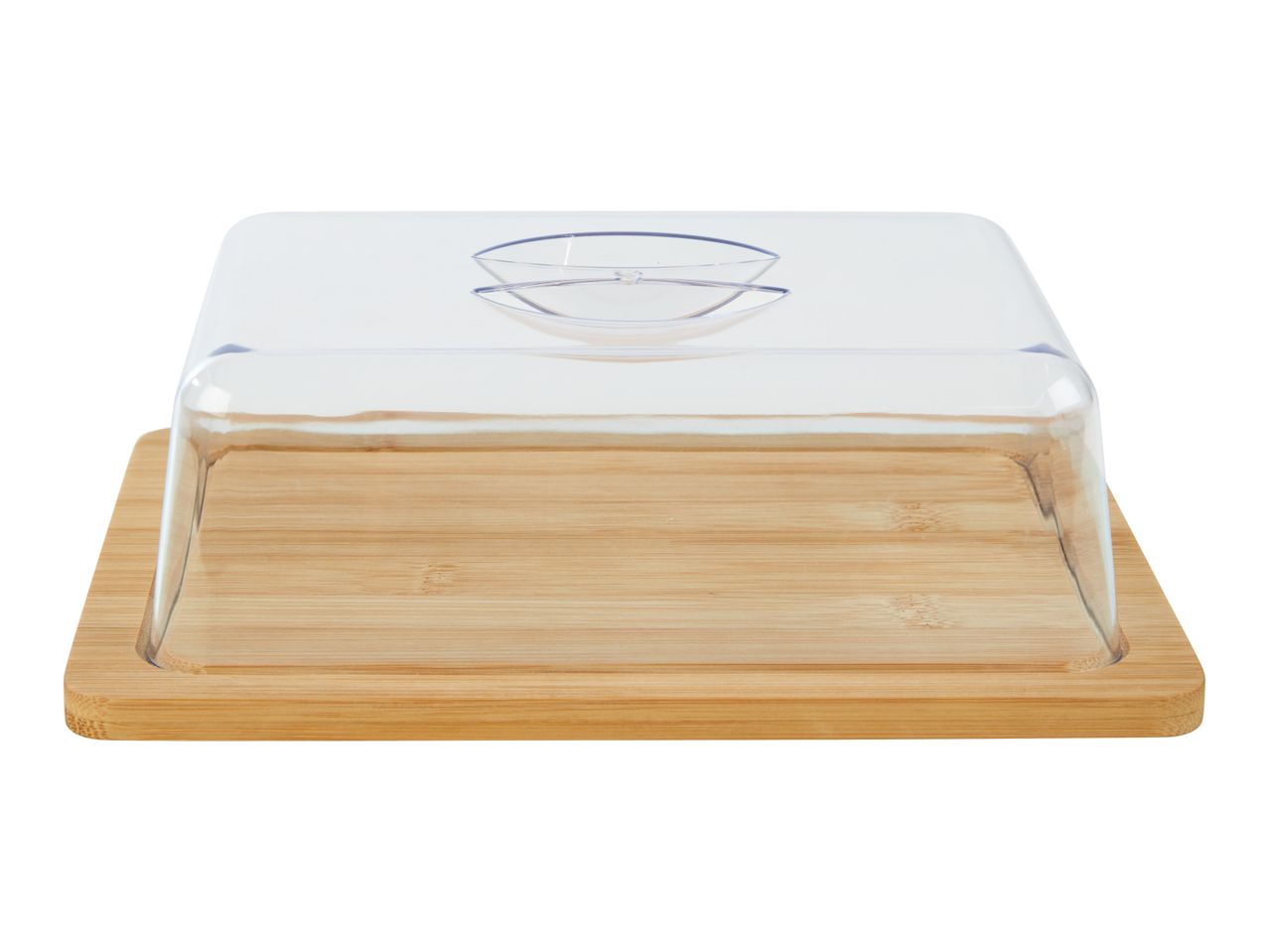 Clear glass dome cheese keeper on a bamboo serving board.