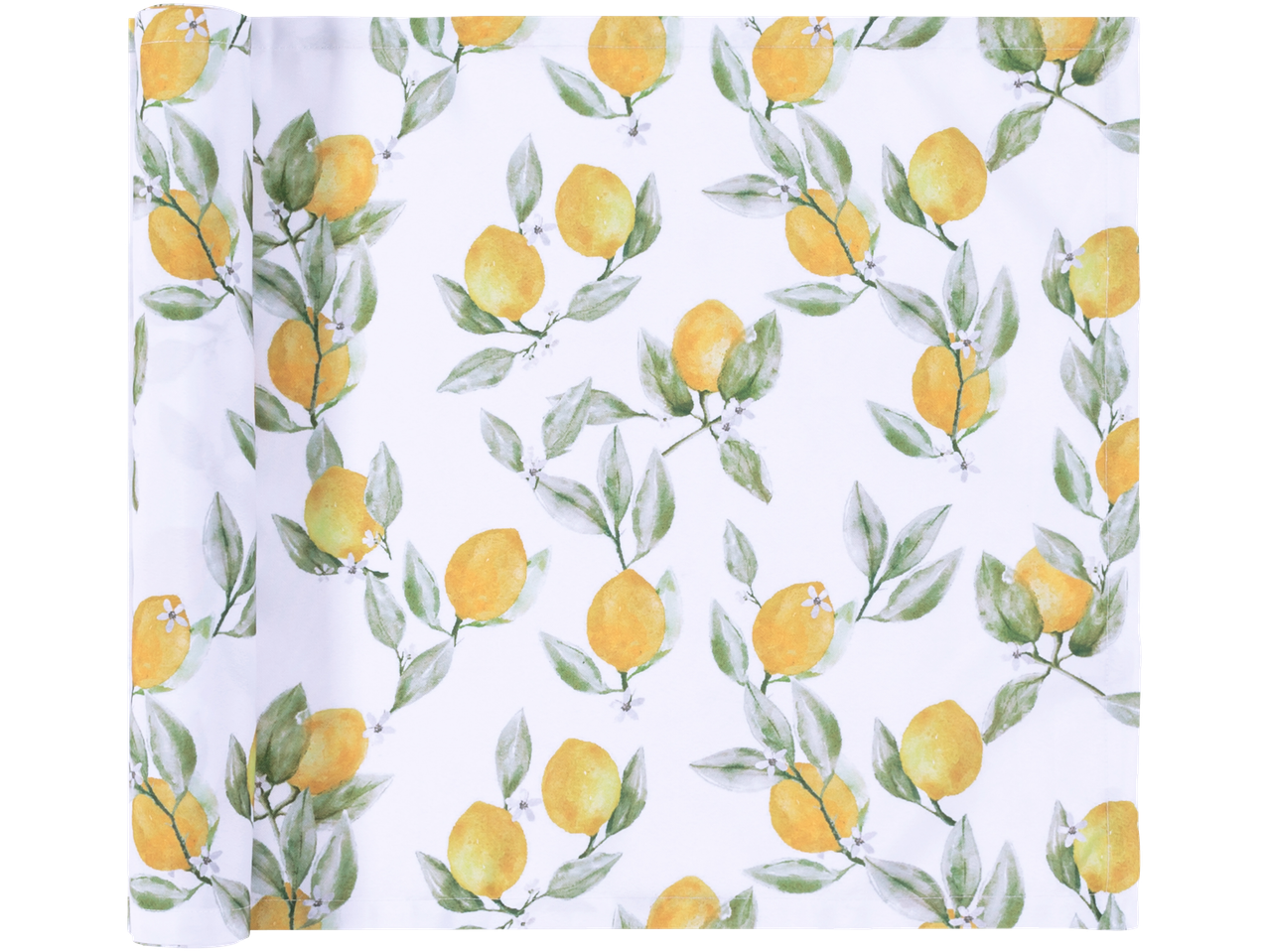 A rolled-up lemon-printed table runner, perfect for adding a fresh, summery touch to your dining space.
