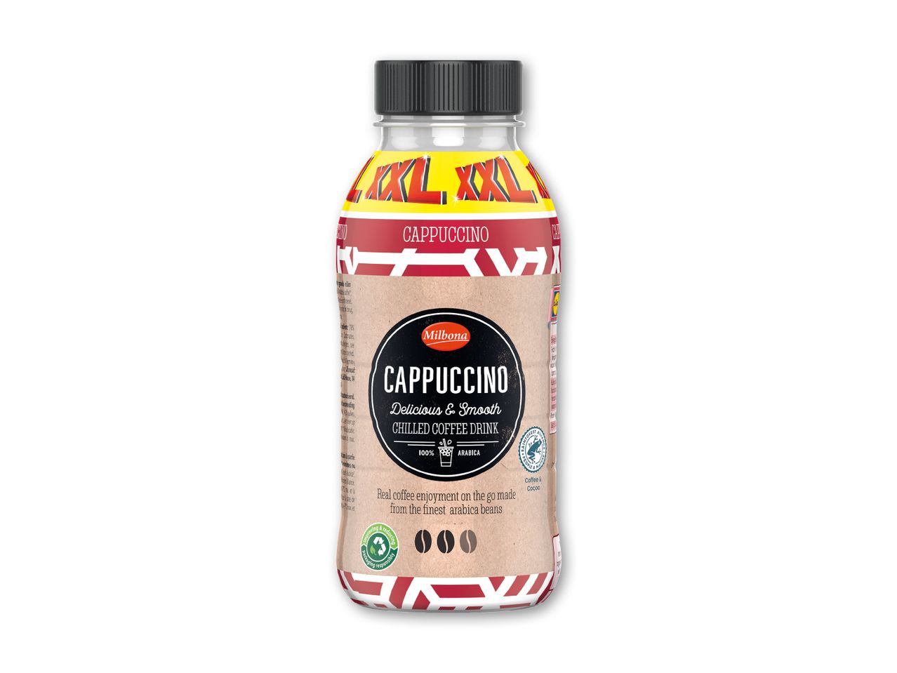 Klar til at drikke cappuccino med XXL-mærkning og 'Delicious & Smooth'-tekst.