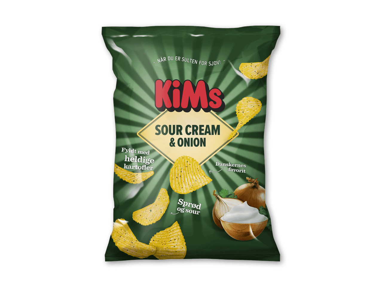 Grøn pose med sour cream & onion chips, løg og creme fraiche.