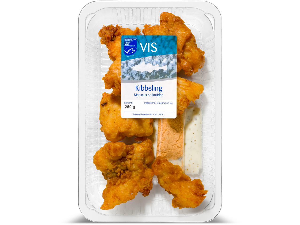 Kibbeling met saus en kruiden in een transparante plastic verpakking, 250g.