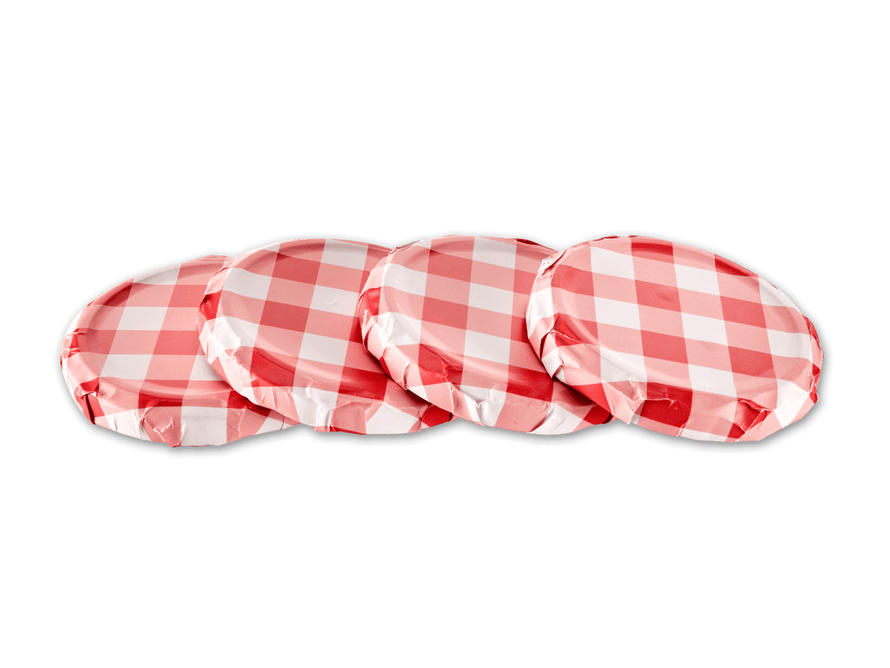 Vier rote und weiße karierte Einmachglasdeckel liegen übereinander.