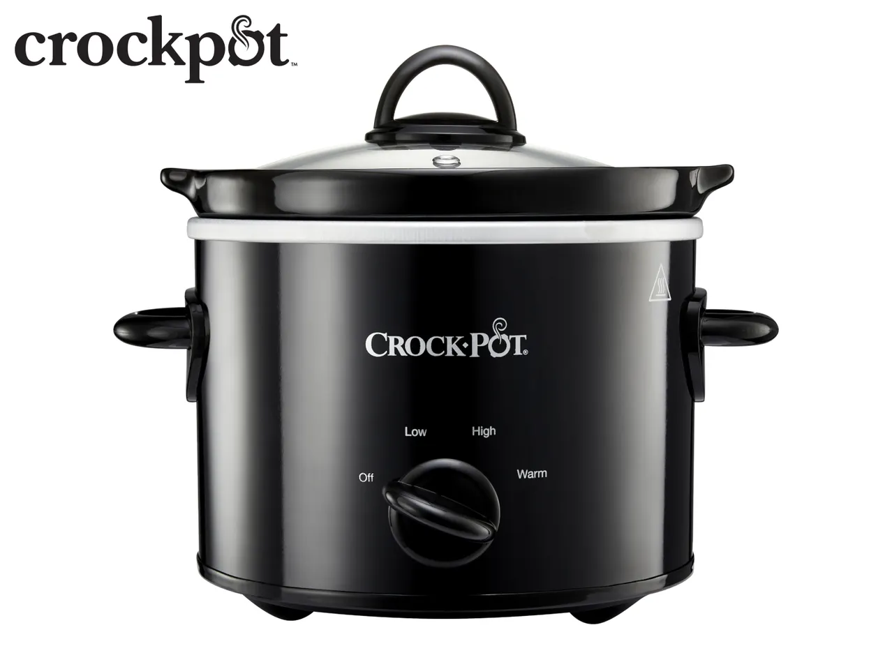 Black slow cooker with a glass lid and a dial for off, low, high, and warm settings.