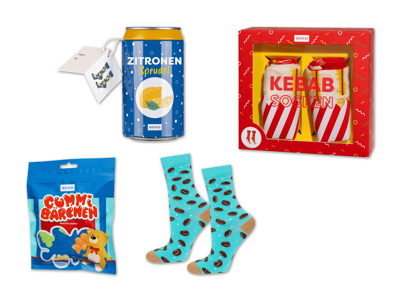 Soxo-Geschenkset mit Zitronenlimonade-Dose, Socken und Gummibärchen.