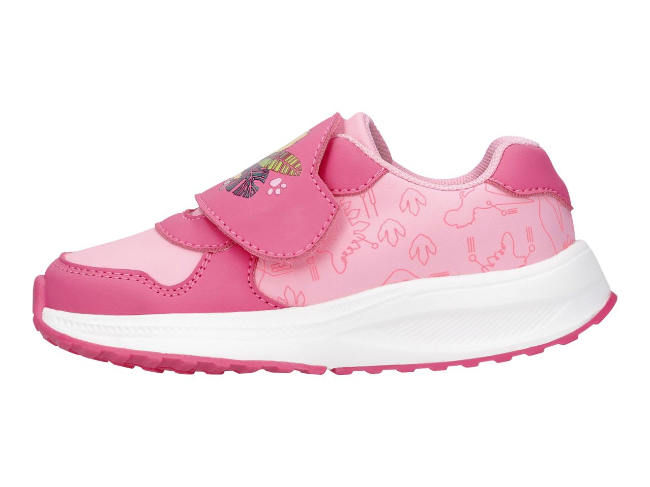 Pink children's sneaker with hook-and-loop fasteners and dinosaur pattern.