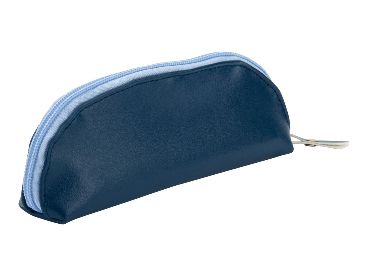 Dark blue half-moon shaped coin purse with a light blue zipper