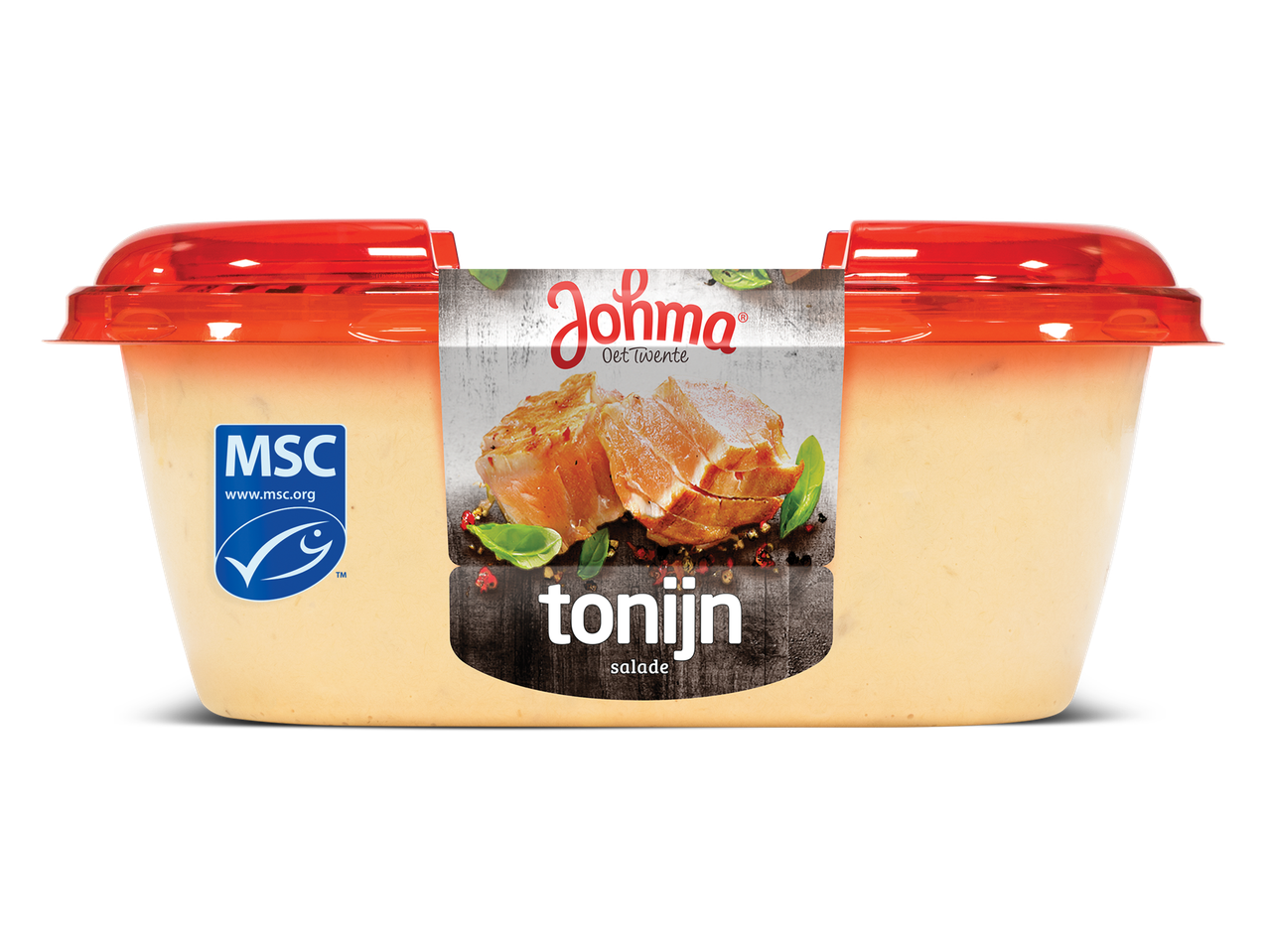 Een kuipje tonijnsalade met een MSC-keurmerk.