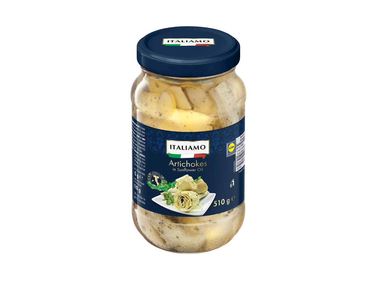 Буркан с артишок в слънчогледово олио, с надпис 'Artichokes in Sunflower Oil' и 510 g.