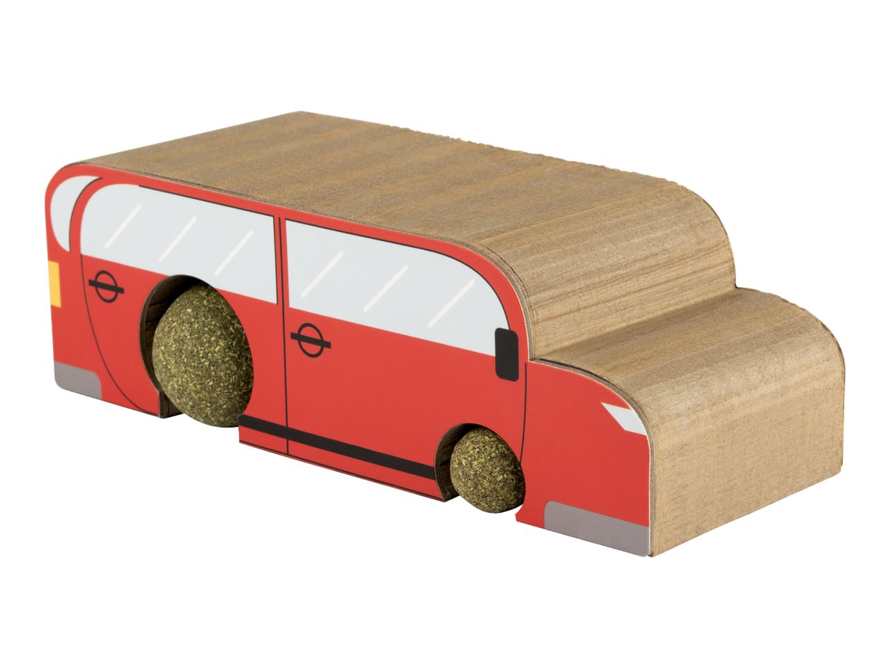 Red and brown cardboard toy bus with two green textured balls as wheels.