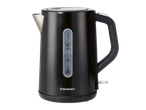 Black electric kettle with a water level indicator showing measurements in liters.