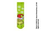 Grinch-themed green sock with snowflakes and a Santa hat, TM & © 2025 Dr. Seuss Enterprises.