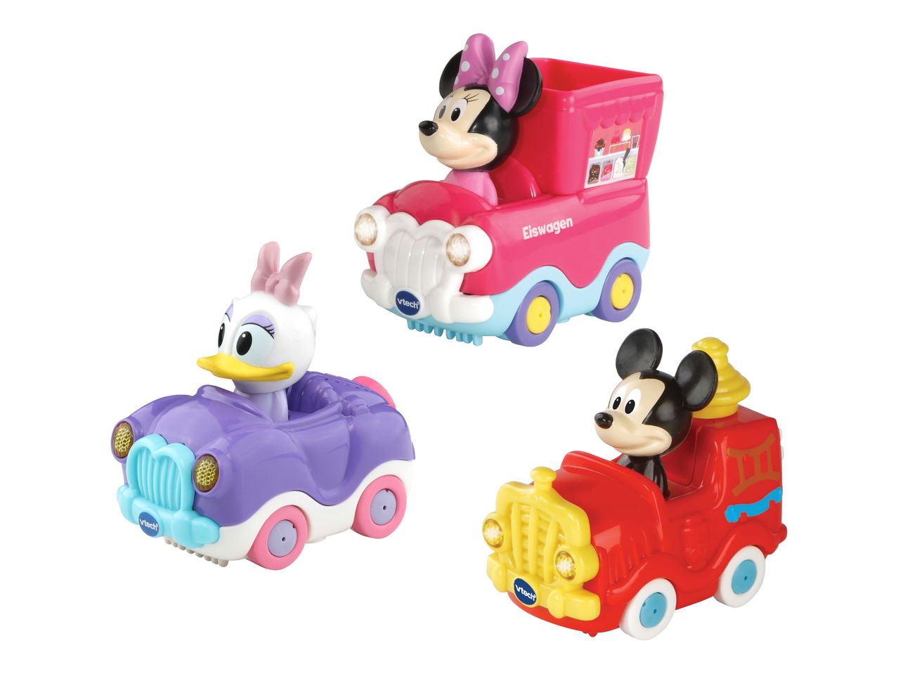 Drei VTech Disney Go! Go! Smart Wheels Fahrzeuge: Minnie Maus Eiswagen, Daisy Duck Cabrio und Mickey Maus Feuerwehrauto.