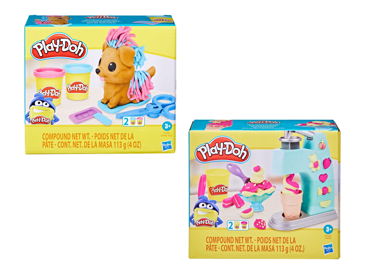 Kaksi leikkisettiä, joissa on muovailuvahaa, toisessa koira ja toisessa jäätelökone.