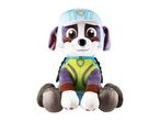 A plush toy of a purple and white dog wearing a blue hat and a green and blue vest.