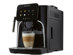 Black automatic coffee machine with a glass of latte macchiato on a black background.