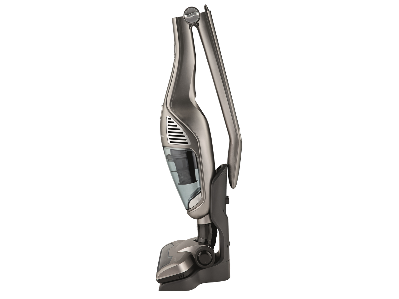 Grundig juhtmeta varstolmuimeja metallikhallis värvitoonis läbipaistva tolmumahutiga.