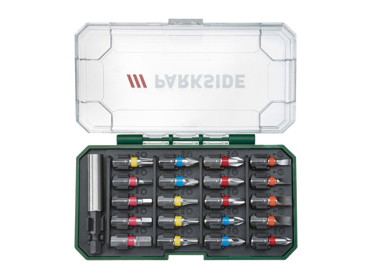 Screwdriver bit set with various Phillips, Pozidriv, Torx, and Hex bits, plus a magnetic bit holder.