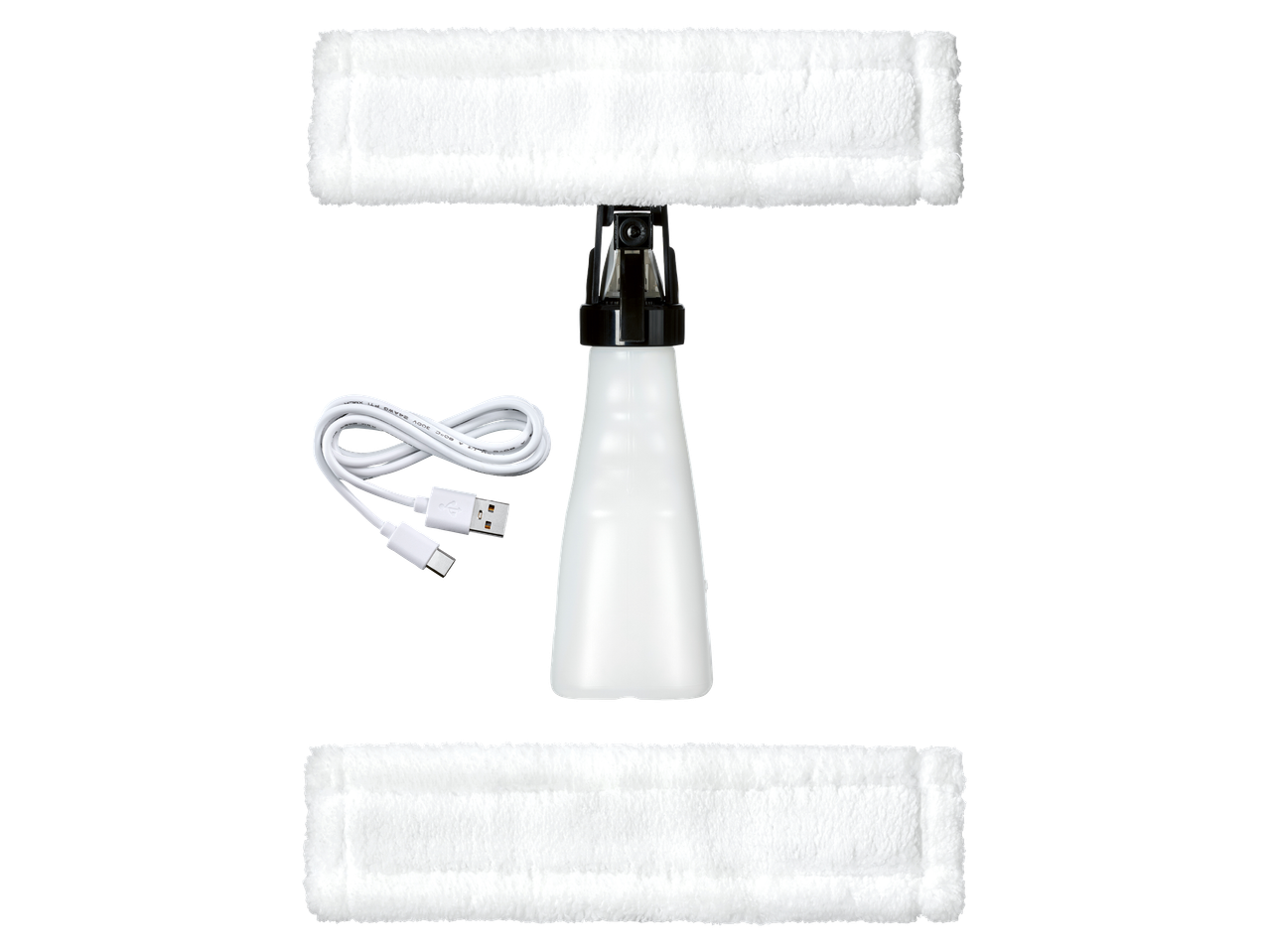 Комплект за почистване на прозорци с пулверизатор, две микрофибърни подложки и USB кабел.