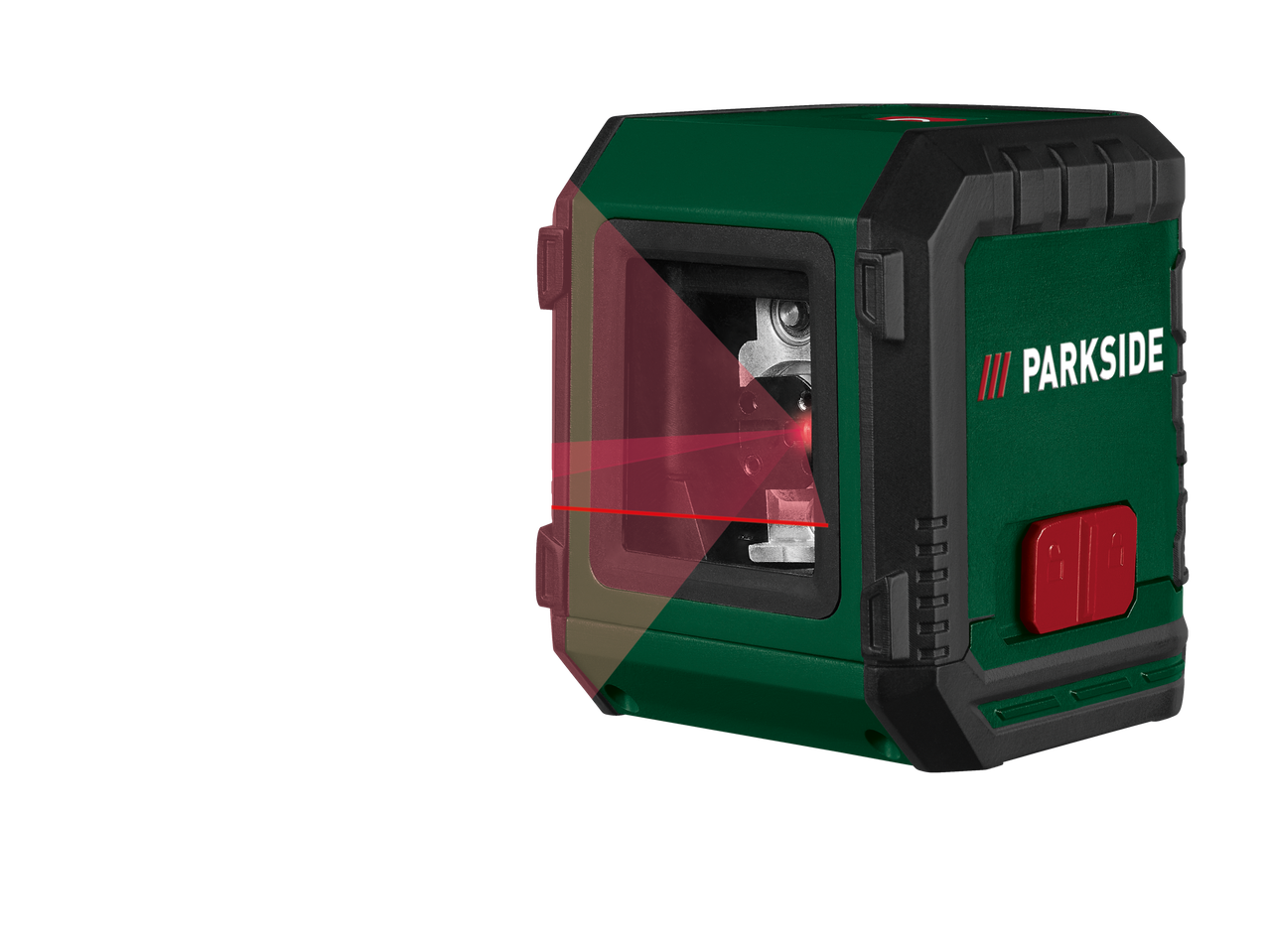 Um laser de linhas cruzadas verde e preto com um feixe laser vermelho visível.