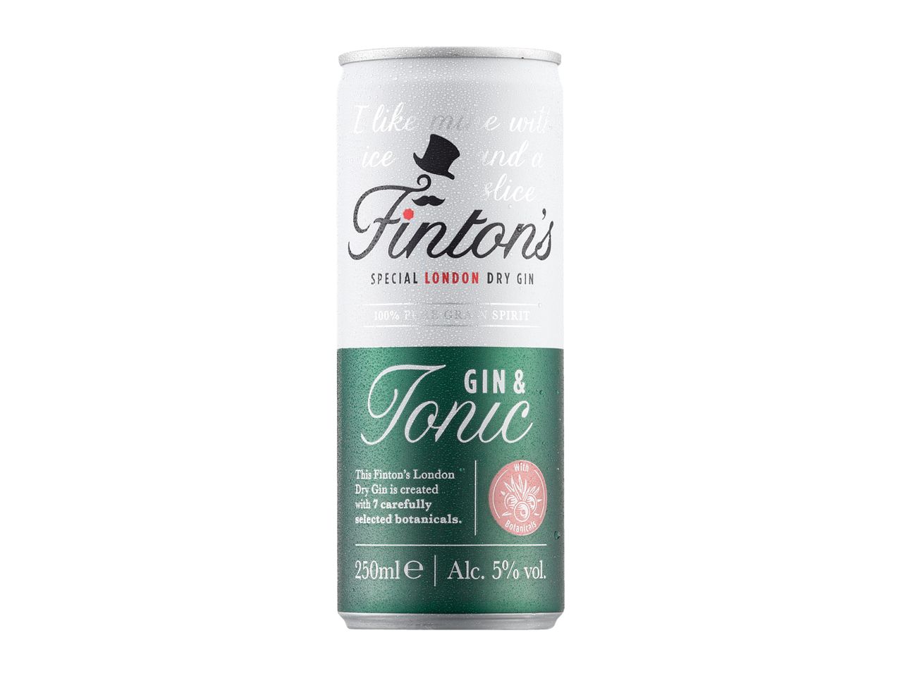 A chilled can of gin and tonic with a green and white label, featuring a top hat and mustache logo.