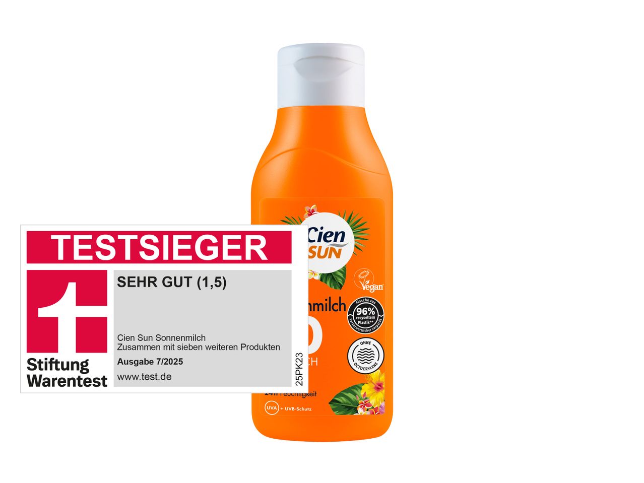 Cien Sun Sonnenmilch, Lichtschutzfaktor 30, Testsieger-Auszeichnung.