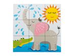 Children's wooden puzzle with an elephant spraying water on a crocodile and a sun.